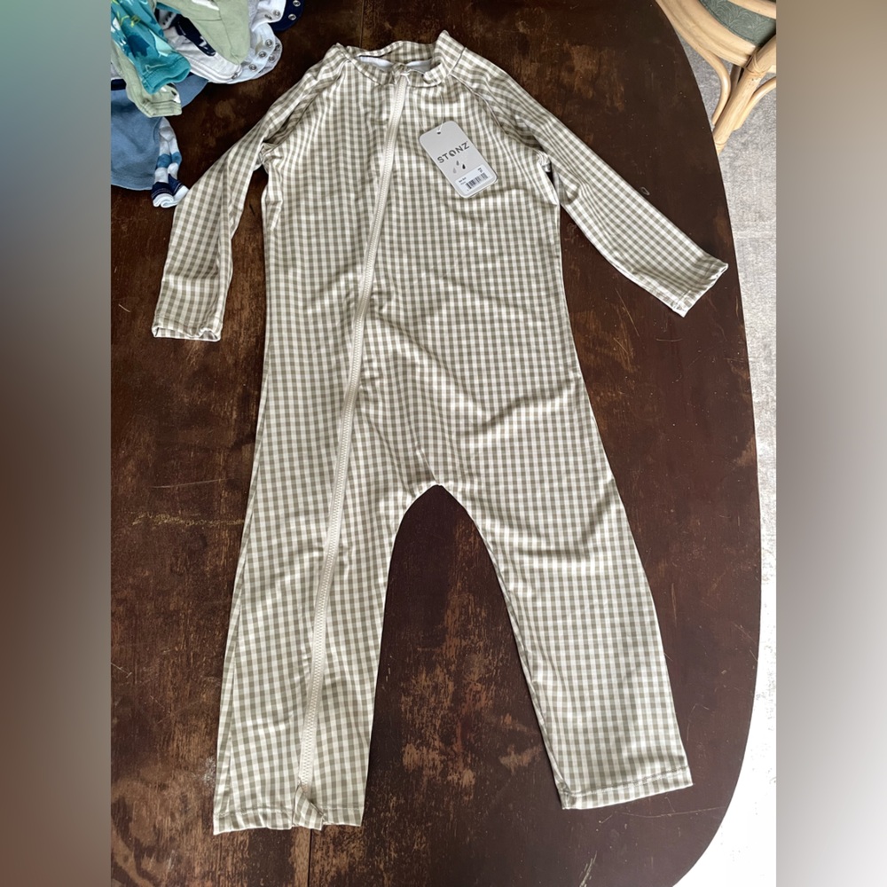 Stonz Gingham Baby wetsuit/swimsuit in green and cream